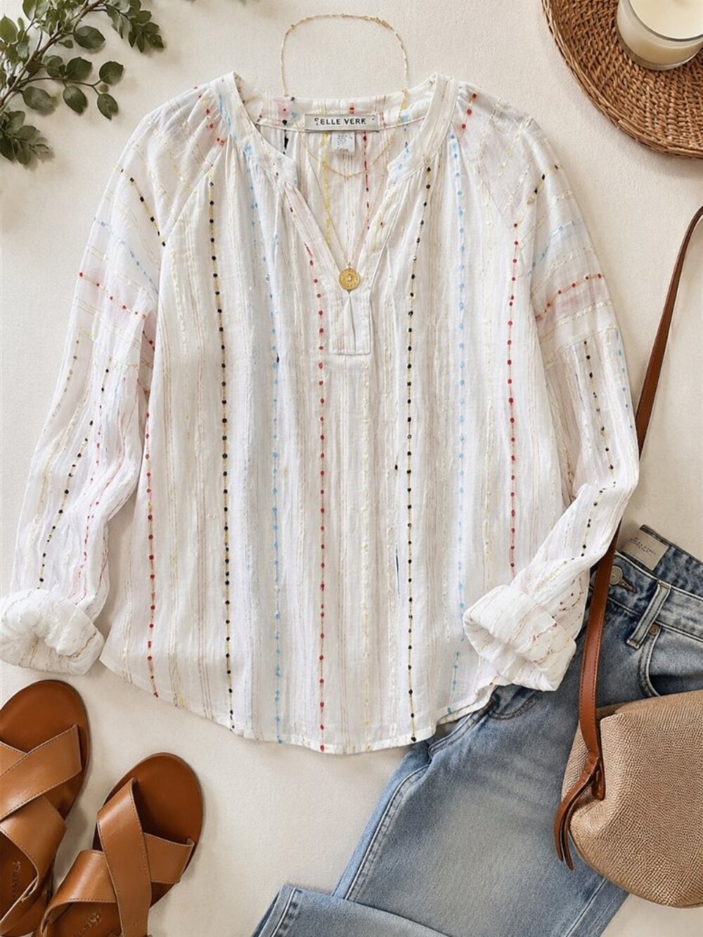 Belle Vere White Metallic Stripe Boho Peasant Blouse Medium Embroidered V-Neck